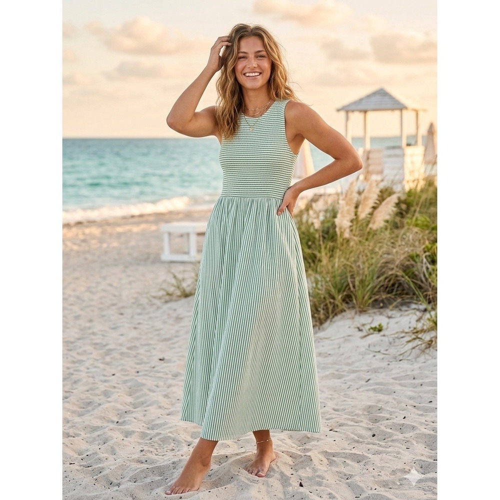 Marine Layer Darcy Smocked Poplin Dress S Pima Cotton Sage Deep Sea Stripe NEW